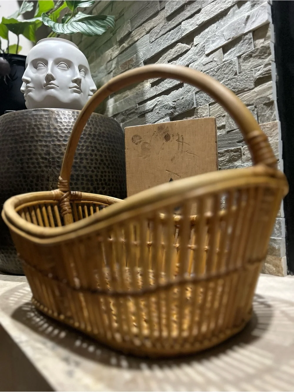 Vintage Bent Bamboo and  Natural Rattan Handled Basket